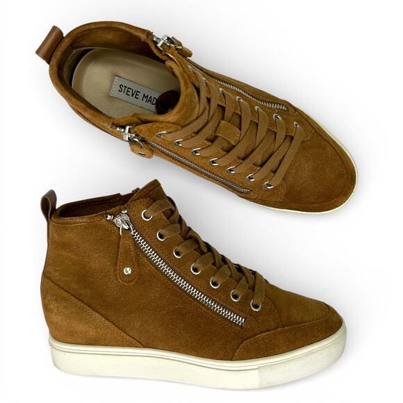 Steve Madden Women's Cornell Hidden Wedge High Top Sneaker Size 8.5 Cognac Suede - Picture 12 of 12